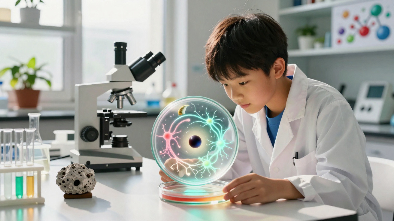 Criança vestindo jaleco observando holograma colorido em laboratório de ciências com microscópio ao fundo.