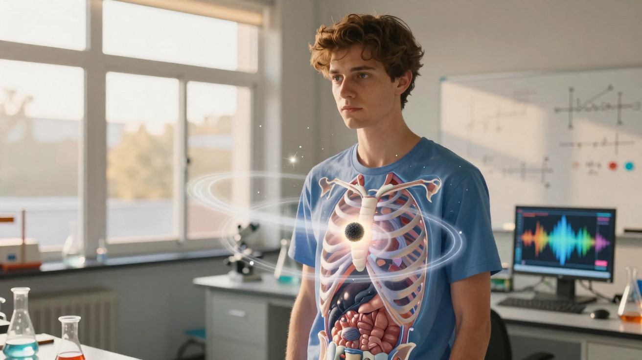 Jovem em sala de aula com projeção digital do sistema esquelético e órgãos internos sobre o corpo.