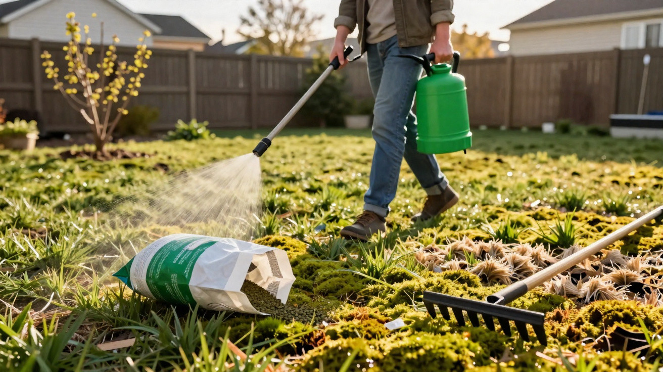 Pessoa aplicando herbicida com borrifador verde em jardim com plantas e musgo em área residencial.