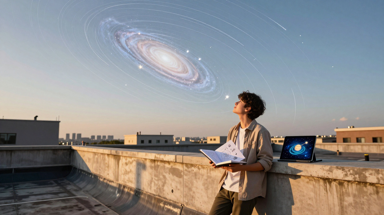 Pessoa jovem segurando livro com o céu e galáxia digital projetada ao fundo no terraço de edifício.