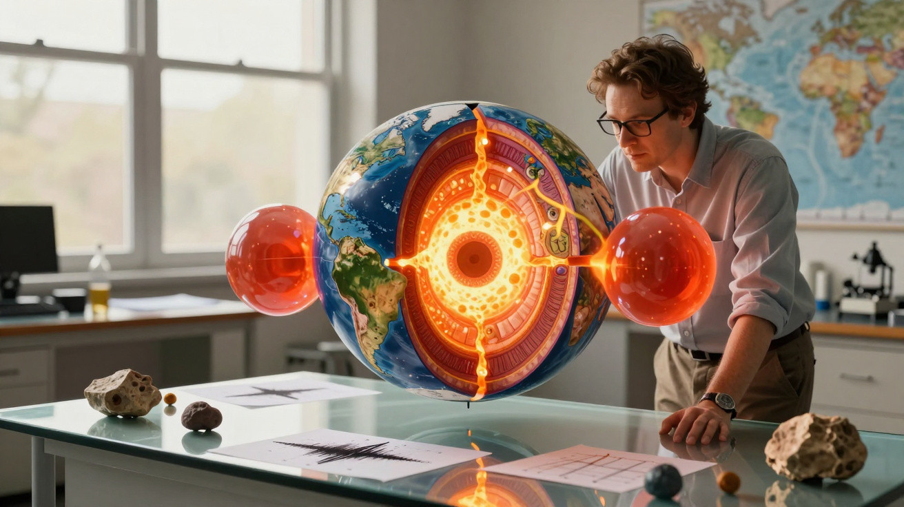 Homem observando modelo iluminado do interior da Terra em laboratório com mapas e rochas na mesa.