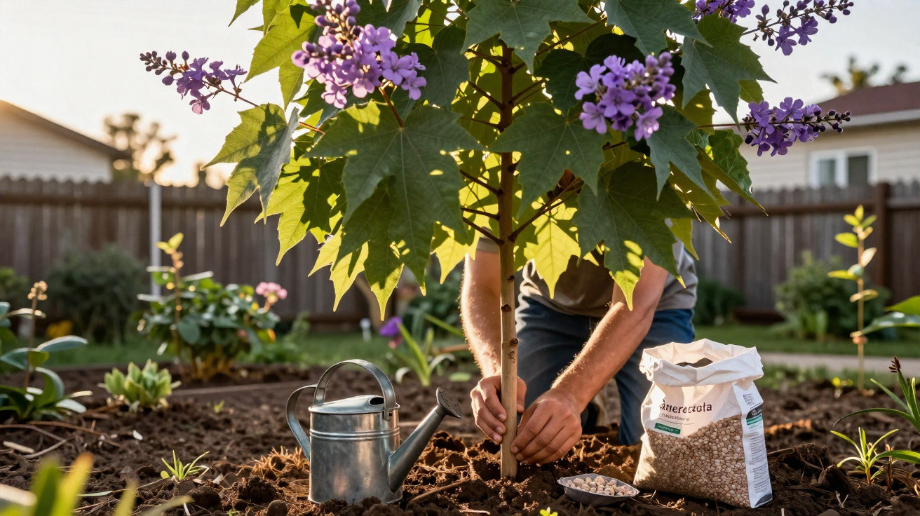 Pessoa plantando árvore florida com regador e saco de fertilizante em jardim residencial ao entardecer.