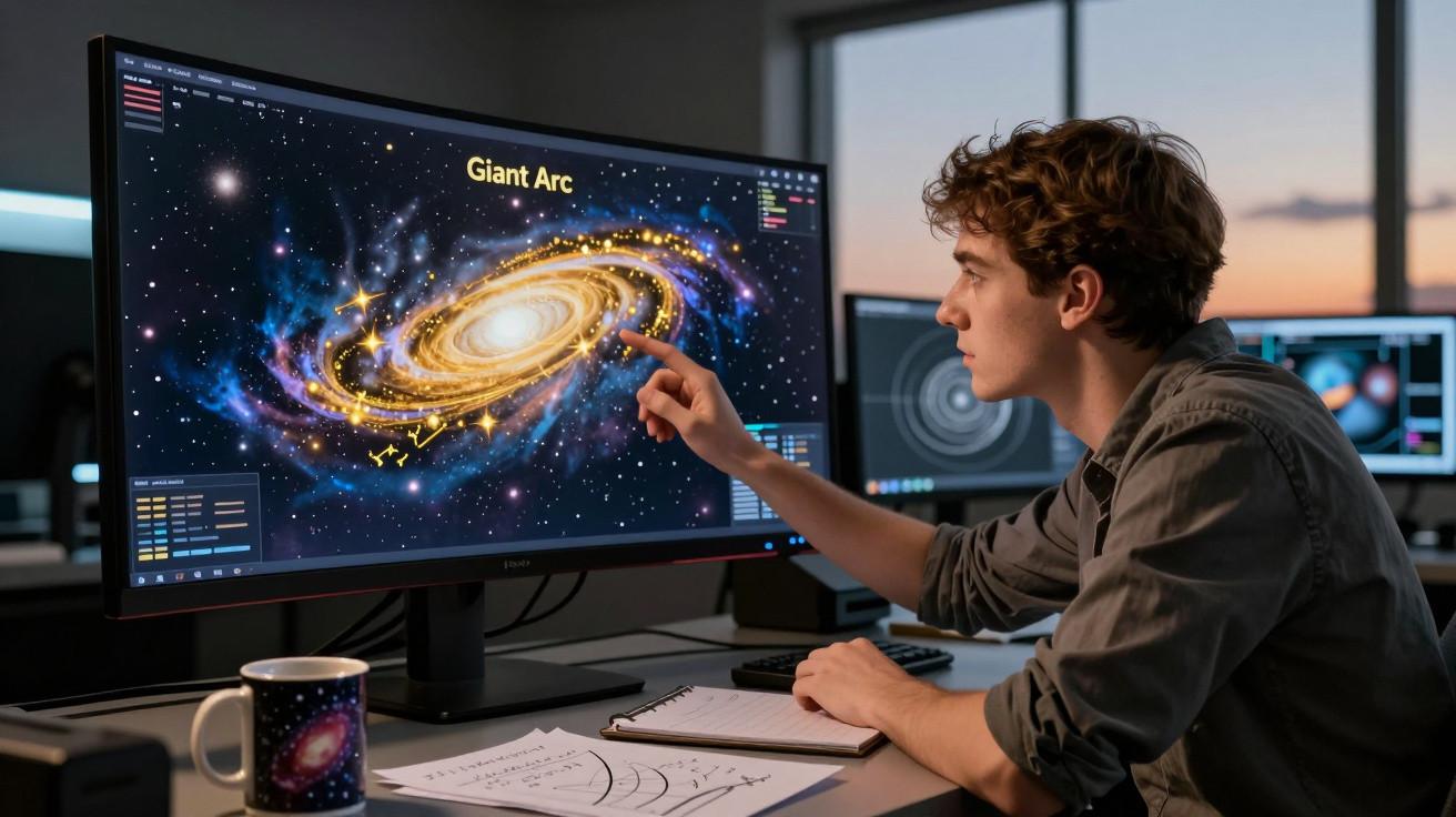 Jovem estudando imagem de galáxia espiral gigante em computador em escritório com janela ao fundo.