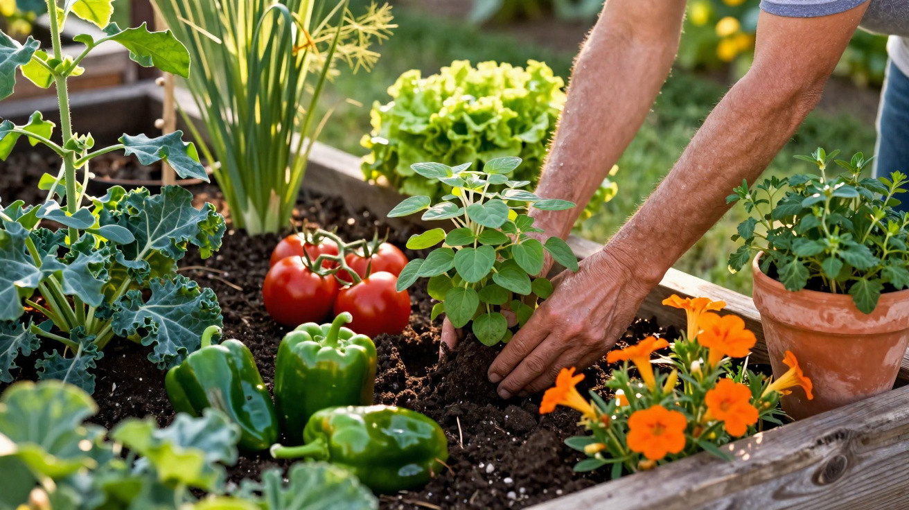 Mãos plantando muda de ervas em canteiro com pimentões, tomates e flores alaranjadas ao redor.