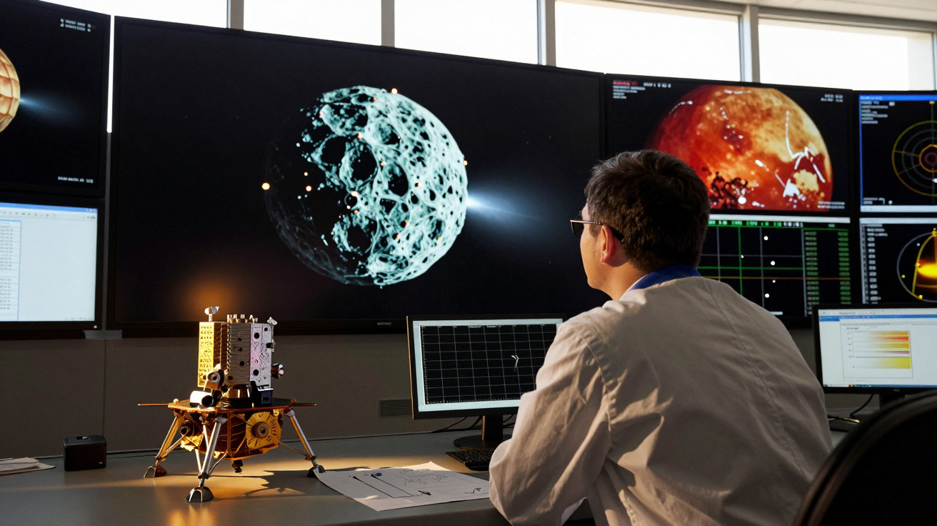 Homem em laboratório observando telas com imagens de planetas e modelos espaciais.