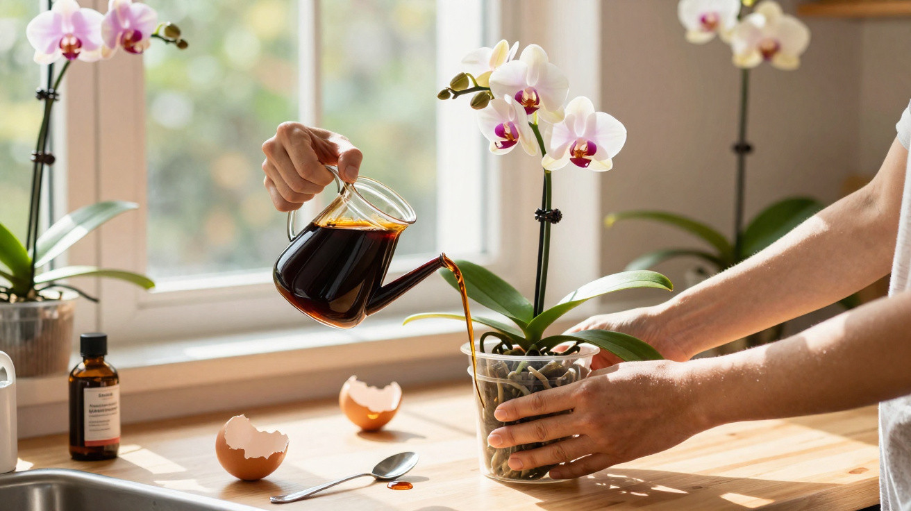 Pessoa regando orquídea com café em regador transparente em cozinha iluminada pela janela.