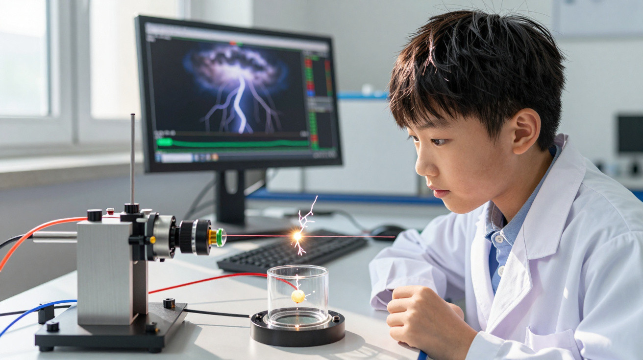 Garoto em jaleco observa experimento com laser e elétrica estática em laboratório moderno.