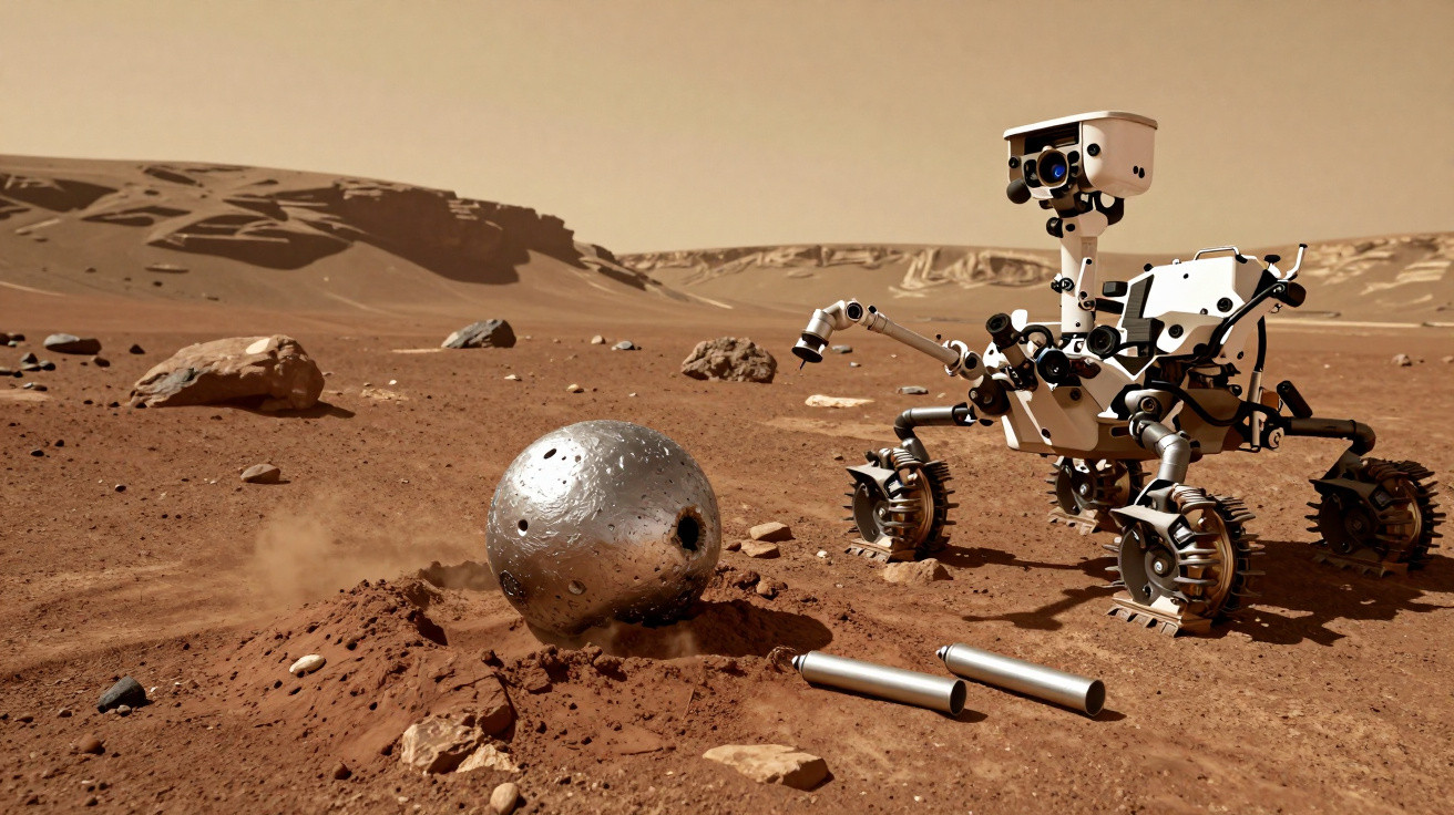 Rover explorando solo marciano próximo a esfera metálica parcialmente enterrada e tubos cilíndricos.