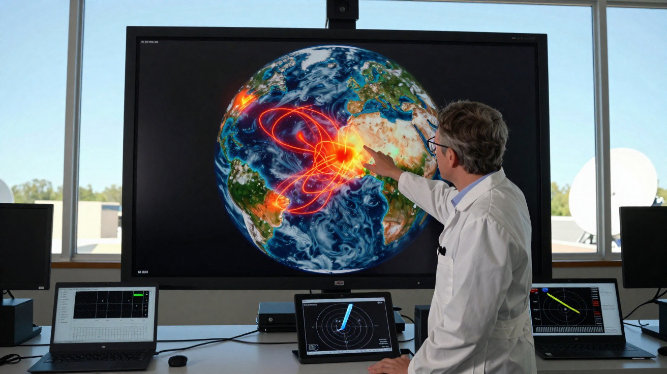 Cientista em laboratório aponta para tela mostrando mapa digital da Terra com rotas e pontos brilhantes.