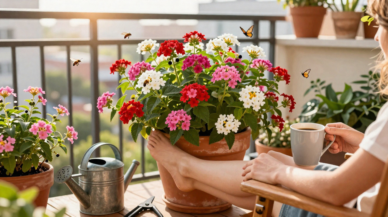 Mulher relaxa com café em varanda cercada por vasos com flores coloridas e borboletas ao entardecer.