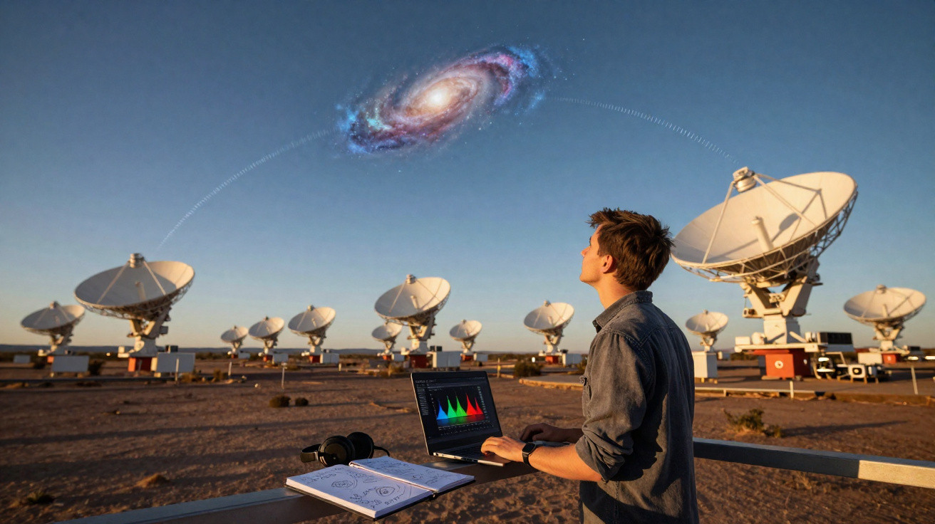 Homem observando uma galáxia com antenas parabólicas de rádio telescópio ao fundo ao entardecer.