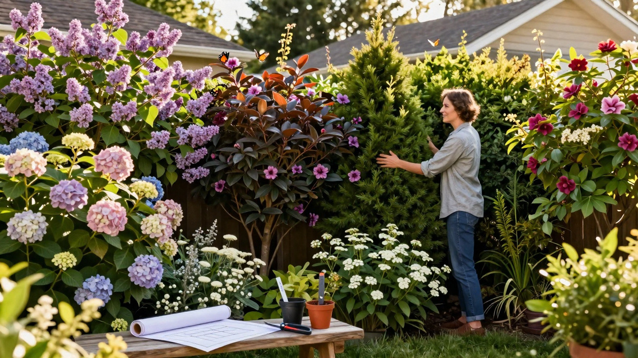 Mulher cuidando de planta em jardim florido com mesa e ferramentas de jardinagem.