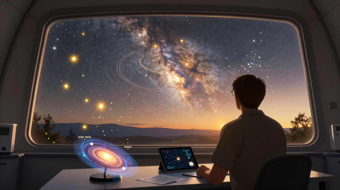 Pessoa observa o sistema solar e a Via Láctea ao pôr do sol em uma janela futurista de navegação espacial.