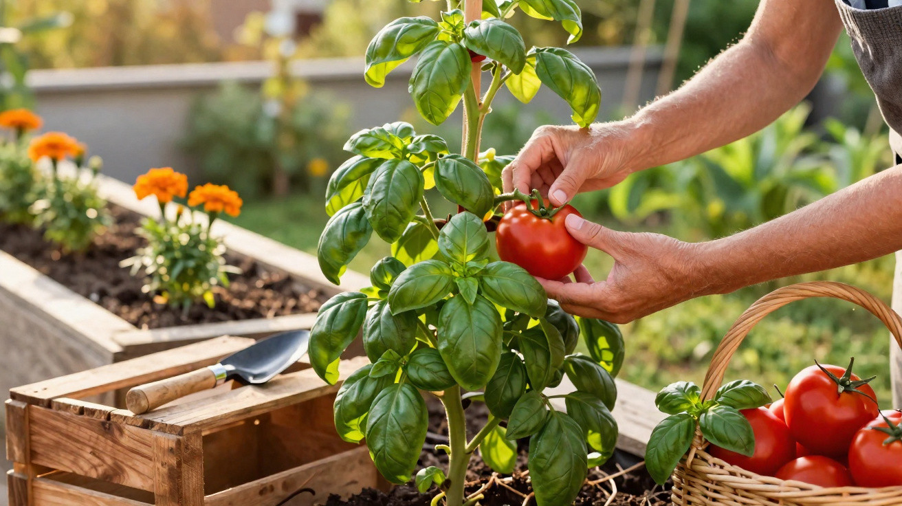 Pessoa colhendo tomate maduro em planta de manjericão em horta caseira ensolarada.