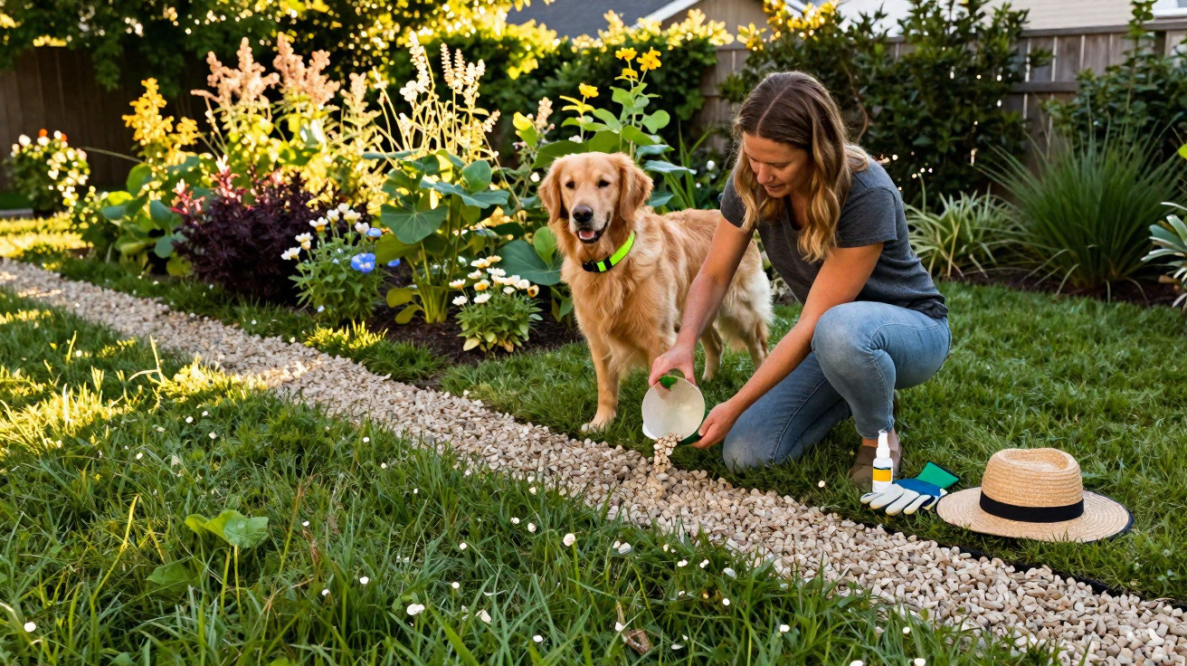 Mulher regando plantas em jardim com cachorro dourado ao lado em dia ensolarado.