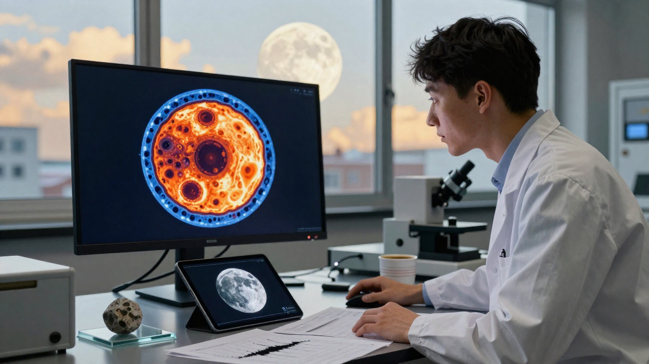 Cientista em laboratório analisando imagem de crateras lunares no computador com modelo da lua na mesa.