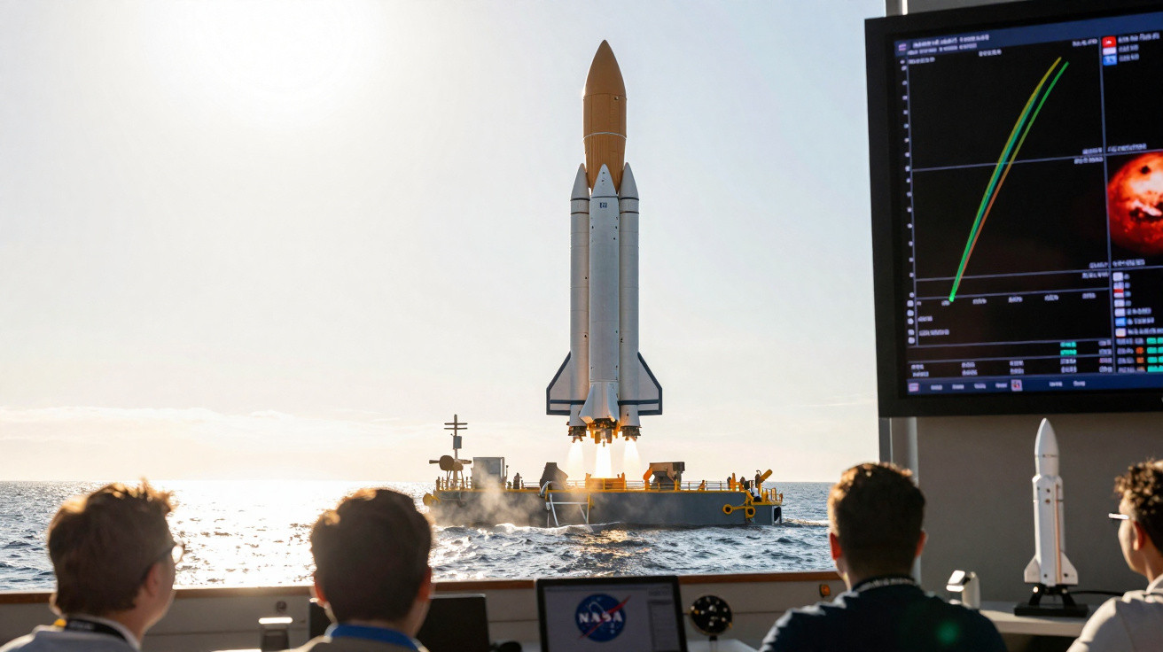 Quatro pessoas observam lançamento de foguete da NASA próximo ao mar, em centro de controle com telas de monitoramento.