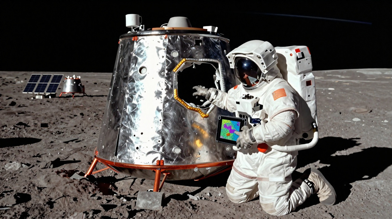 Astronauta em traje espacial ajoelhado na superfície lunar próximo a módulo lunar com painel solar ao fundo.