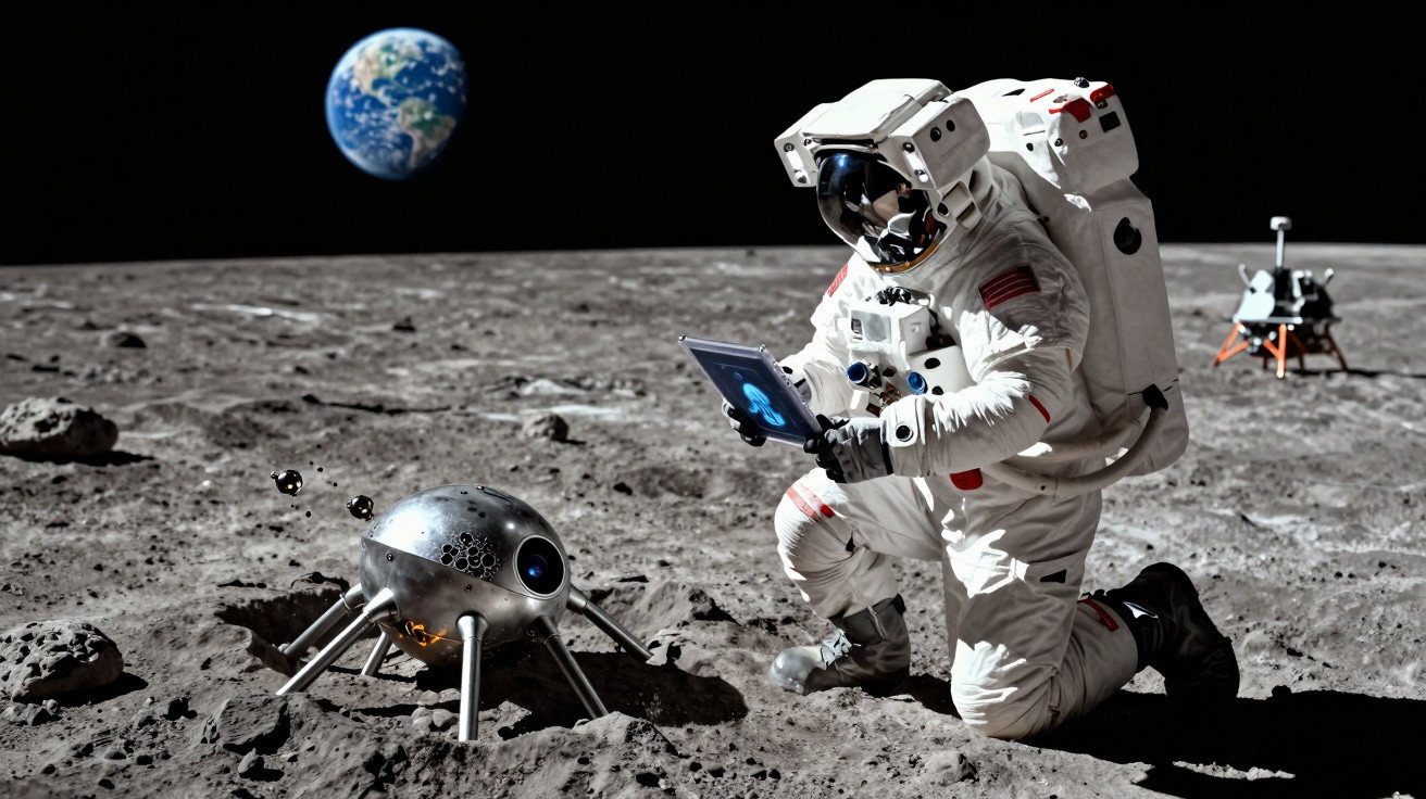 Astronauta na superfície lunar com tablet, próximo a um robô esférico, Terra ao fundo no espaço.