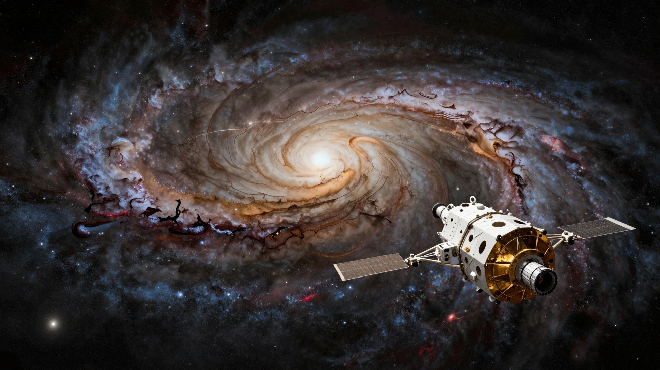 Sonda espacial de metal dourado e branco orbitando próxima a uma grande galáxia espiral brilhante.