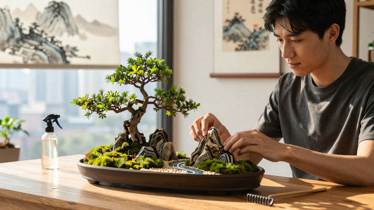 Jovem cuida de arranjo de bonsai e pedras decorativas em mesa de madeira, com quadros ao fundo.