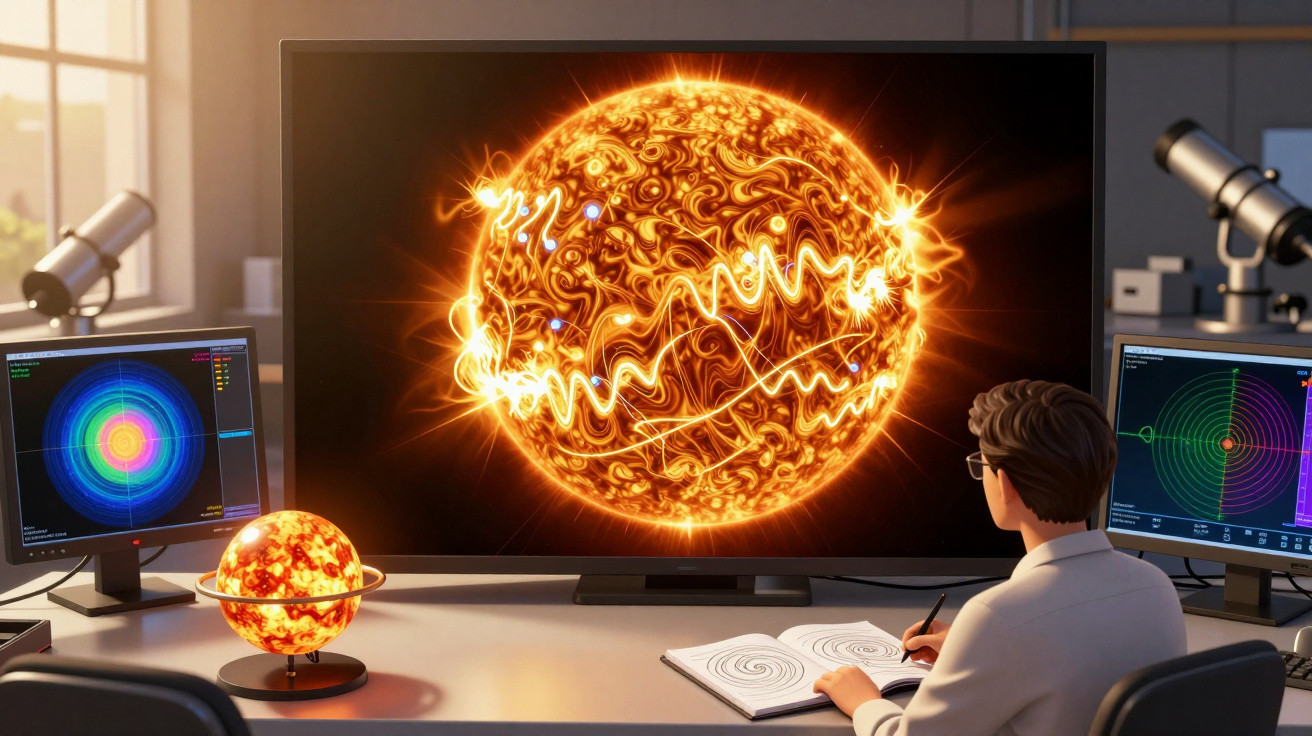 Pesquisador observa simulação do Sol com dados e gráficos em telas de computador em laboratório de astronomia.