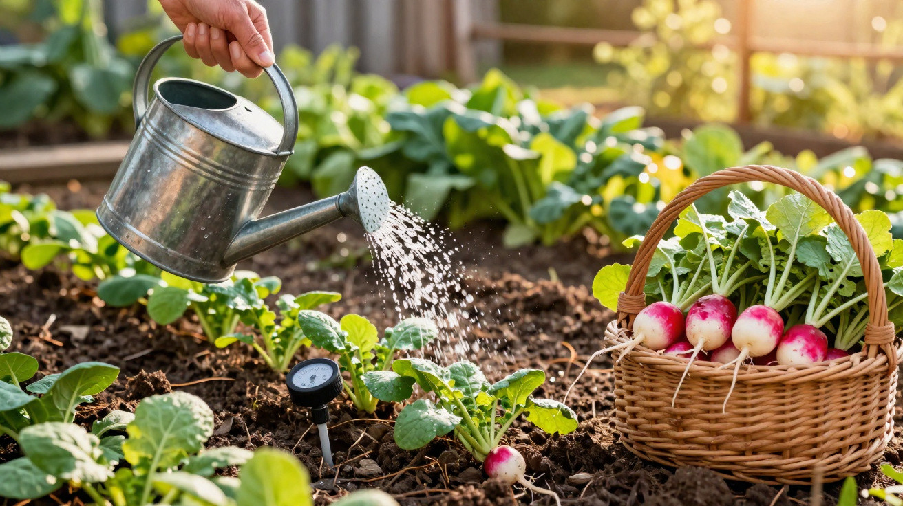 Pessoa regando plantas jovens com regador metálico em horta, ao lado cesta com rabanetes colhidos.