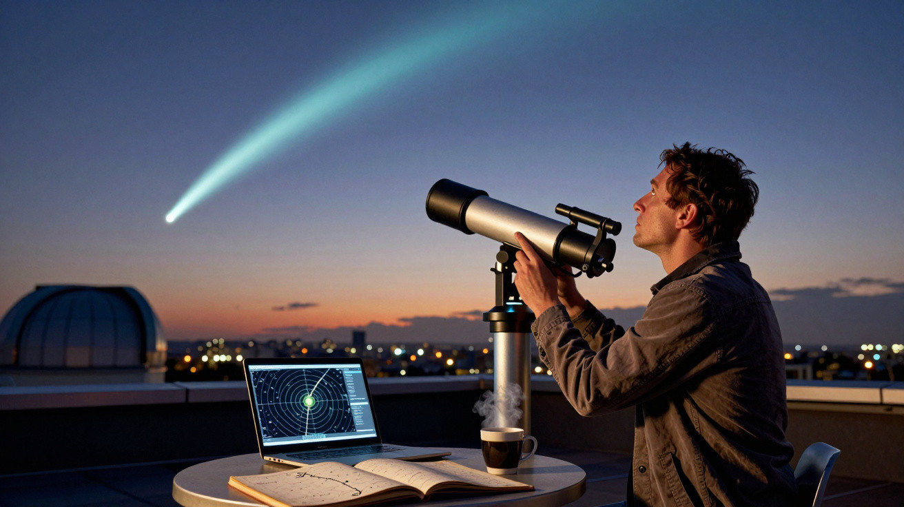 Homem observa com telescópio uma cometa brilhante no céu ao anoitecer em um terraço com laptop e caderno.