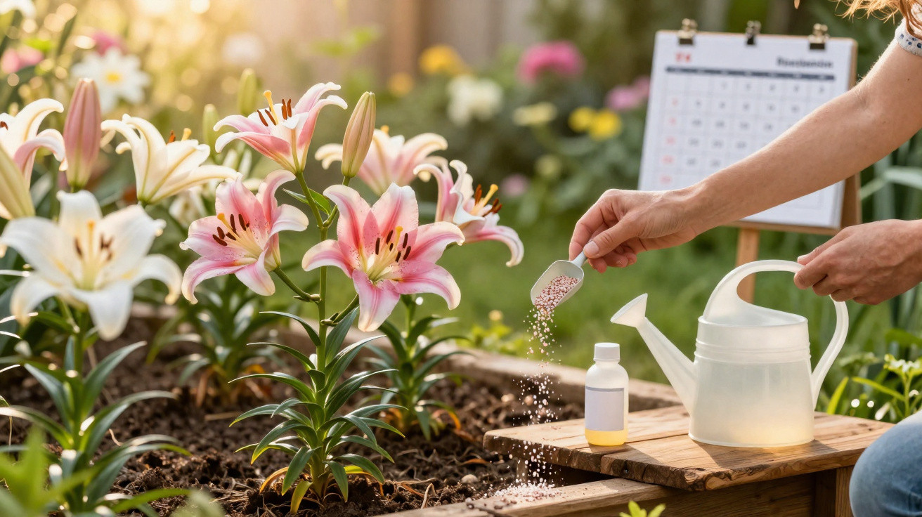 Pessoa adiciona fertilizante em flores de lírio rosa em canteiro de jardim ensolarado.