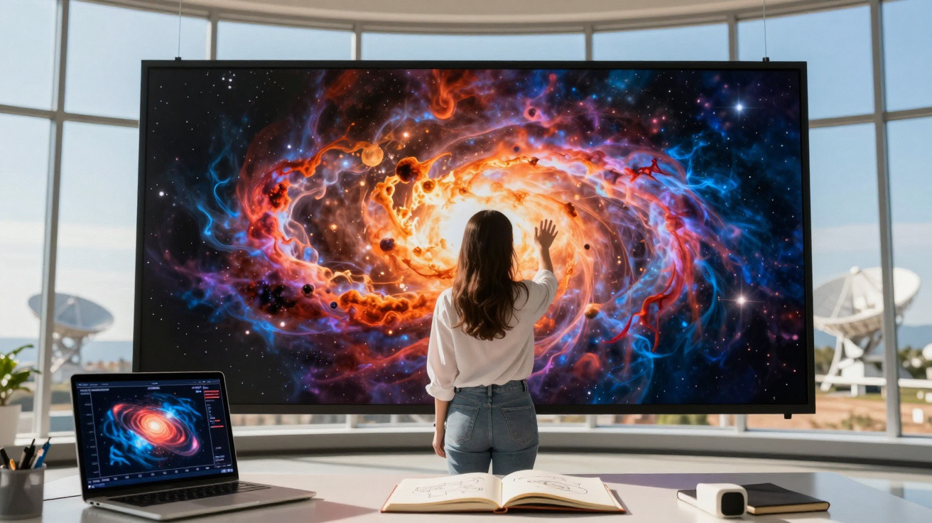 Mulher em frente a tela grande mostrando uma galáxia colorida, com notebook e livros em mesa de laboratório moderno.