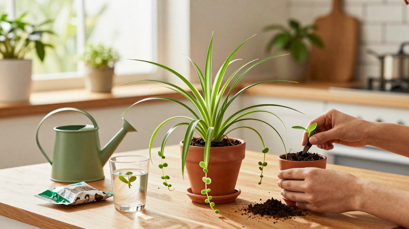 Mãos plantando muda em vaso pequeno ao lado de planta maior, regador e copo com água em mesa de madeira.