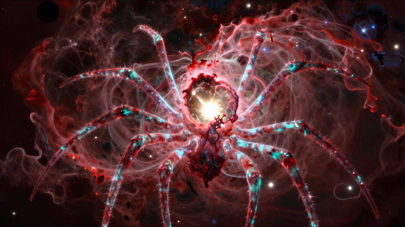 Aranha cósmica com corpo luminoso e pernas longas em névoa vermelha no espaço sideral.