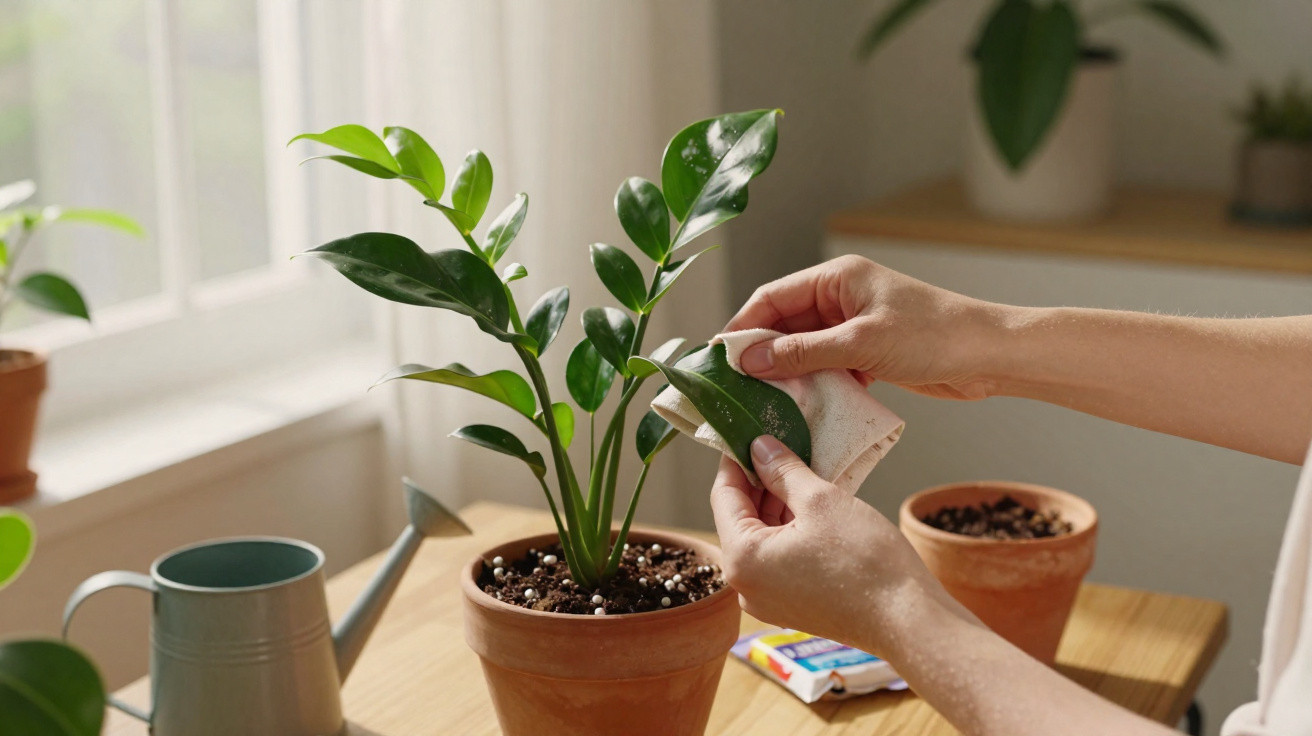Pessoa limpando as folhas de uma planta em vaso de barro em ambiente interno iluminado pela luz natural.