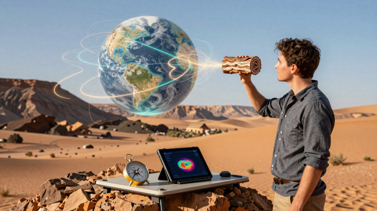 Homem em deserto usando dispositivo futurista para projetar imagem digital da Terra flutuante.