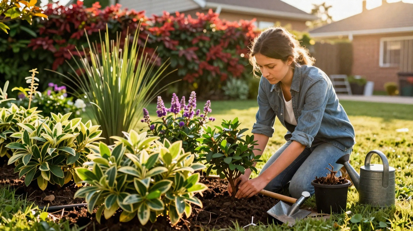 Jovem mulher plantando flores em jardim ensolarado, com regador e vaso ao lado.