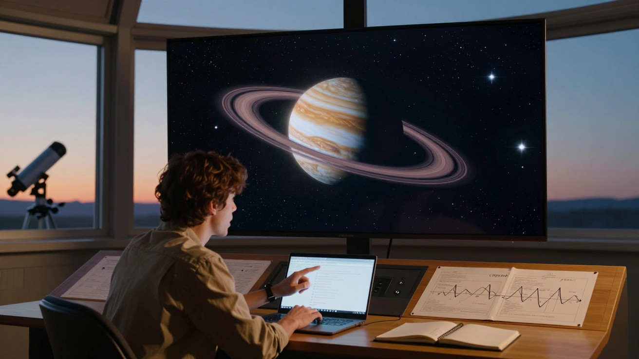 Pessoa utilizando laptop em mesa com gráficos, observando imagem digital do planeta Saturno em tela grande.
