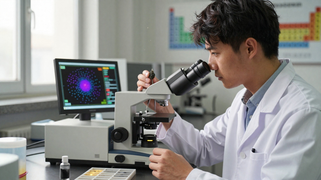 Cientista com jaleco branco observando amostra em microscópio em laboratório, computador e quadro ao fundo.