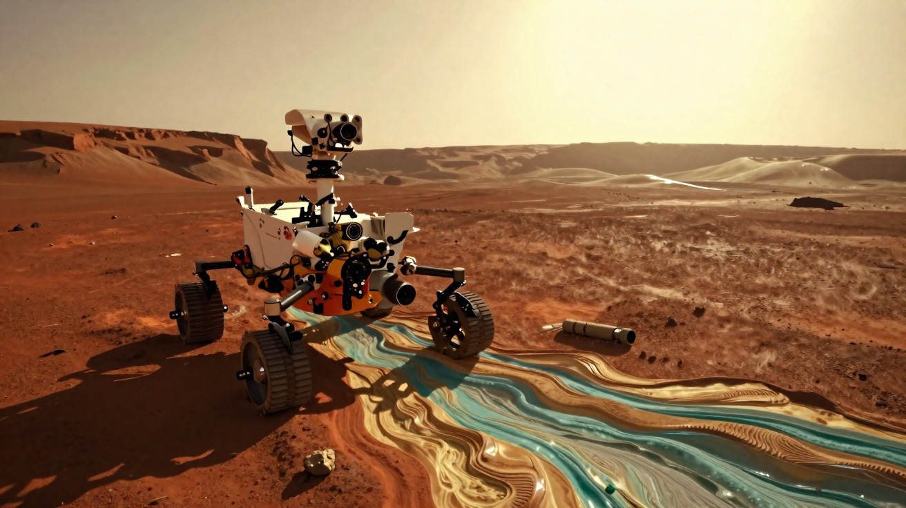 Rover explorando terreno árido marciano com um fluxo colorido e surreal no solo ao fundo.