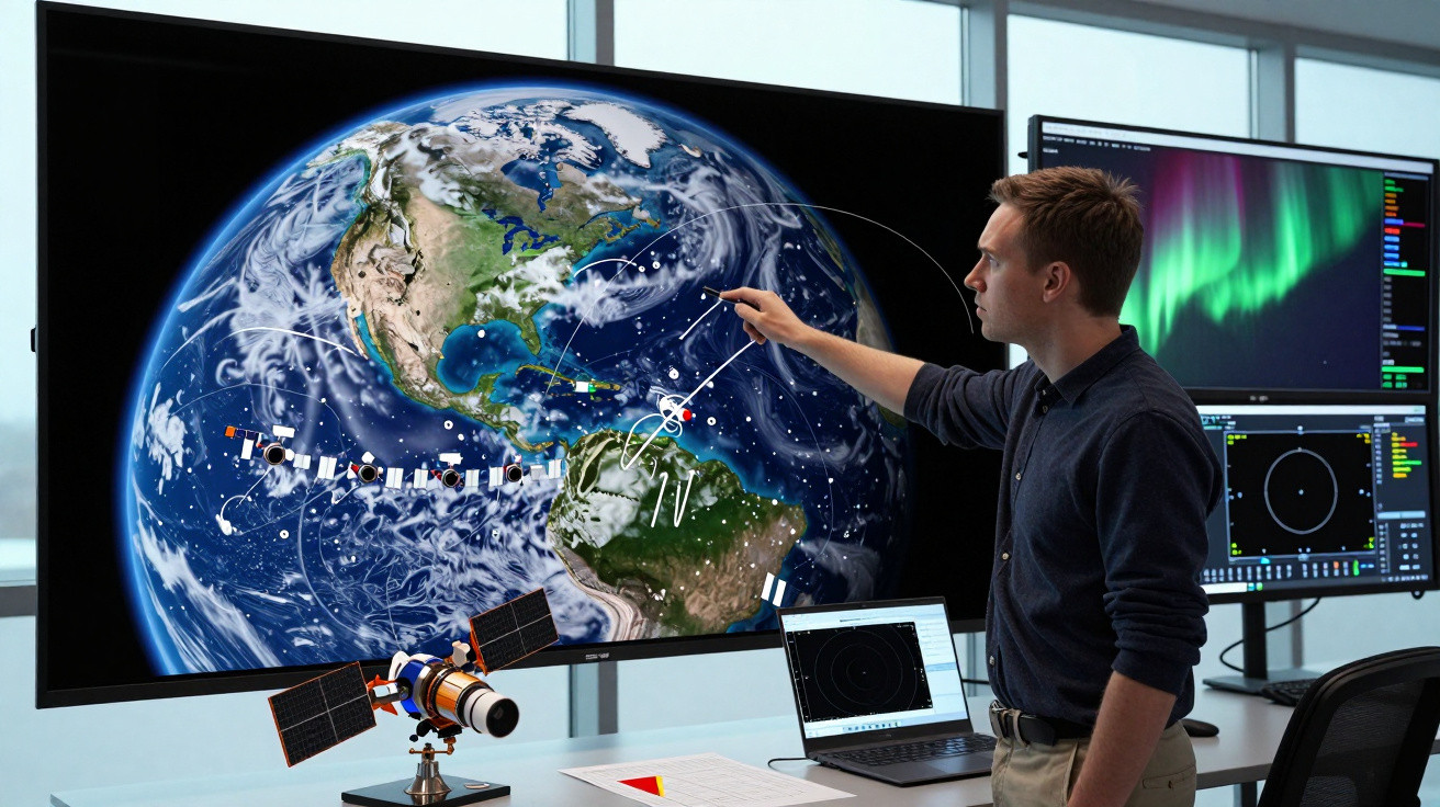 Homem apontando para tela gigante com mapa da Terra e satélites em escritório tecnológico moderno.