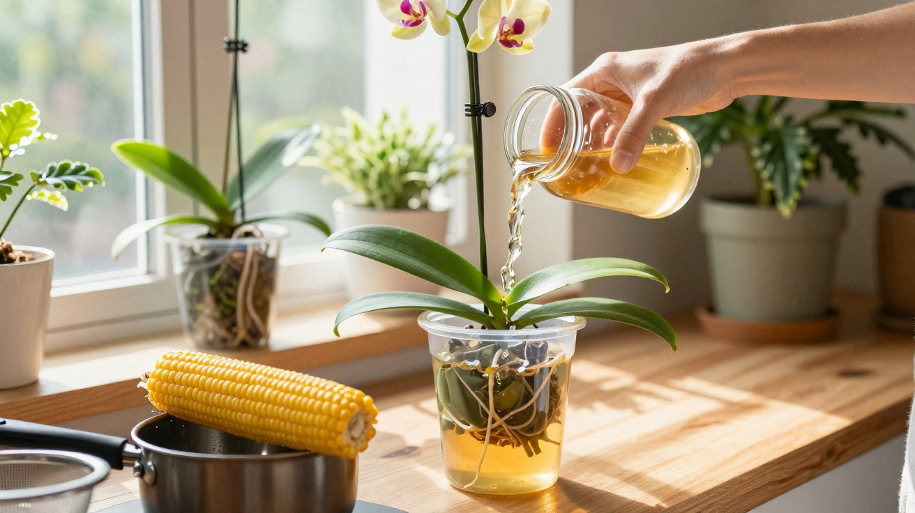 Pessoa regando orquídea em vaso transparente sobre mesa de madeira próxima à janela.