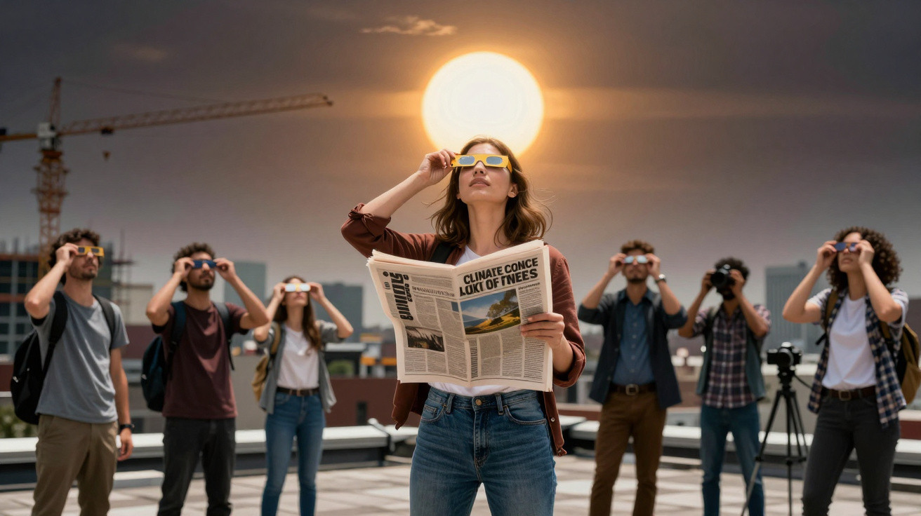 Pessoas usando óculos especiais observando o sol, mulher no centro segurando jornal sobre mudança climática.
