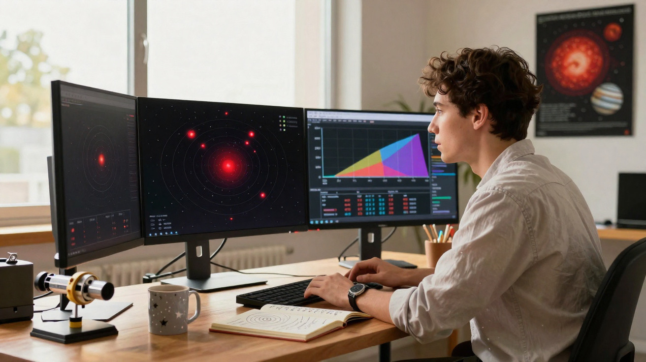Jovem analisando dados astronômicos em três monitores em uma mesa com telescópio e caderno aberto.