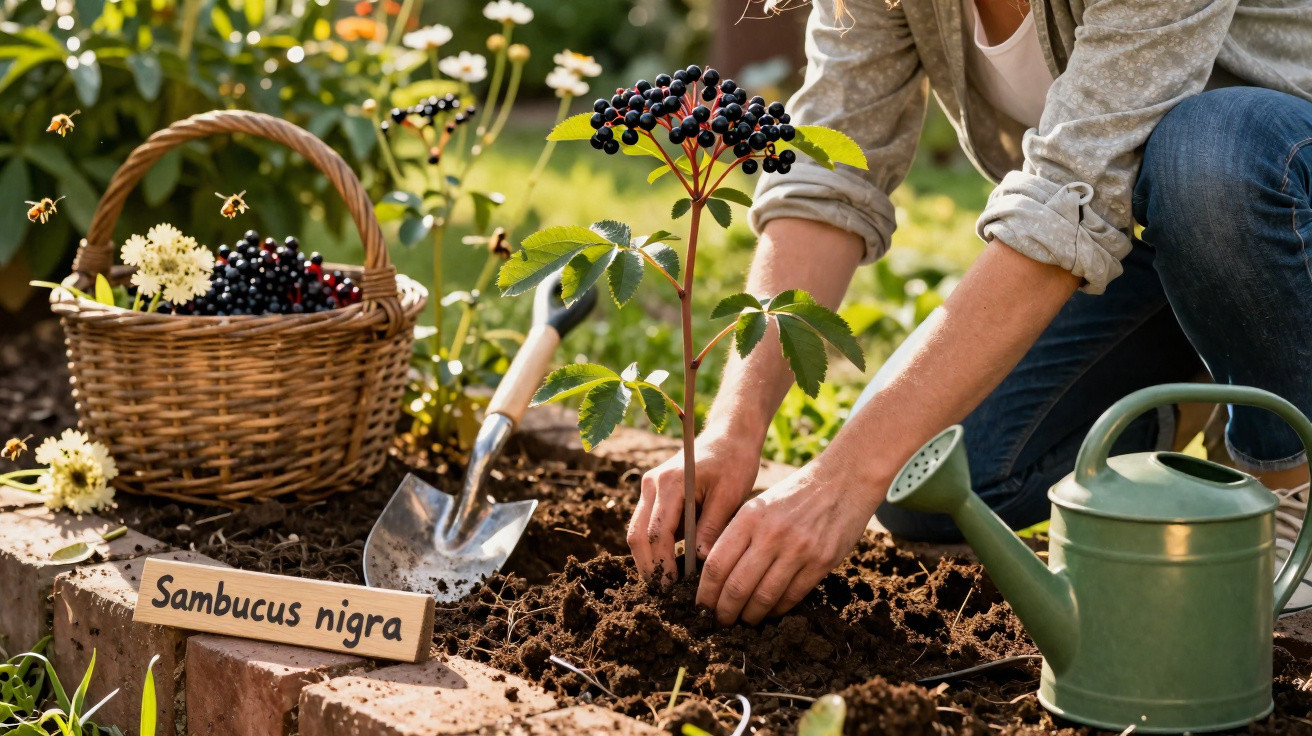 Pessoa plantando muda de sabugueiro com frutas pretas em canteiro de terra com regador e cesta.