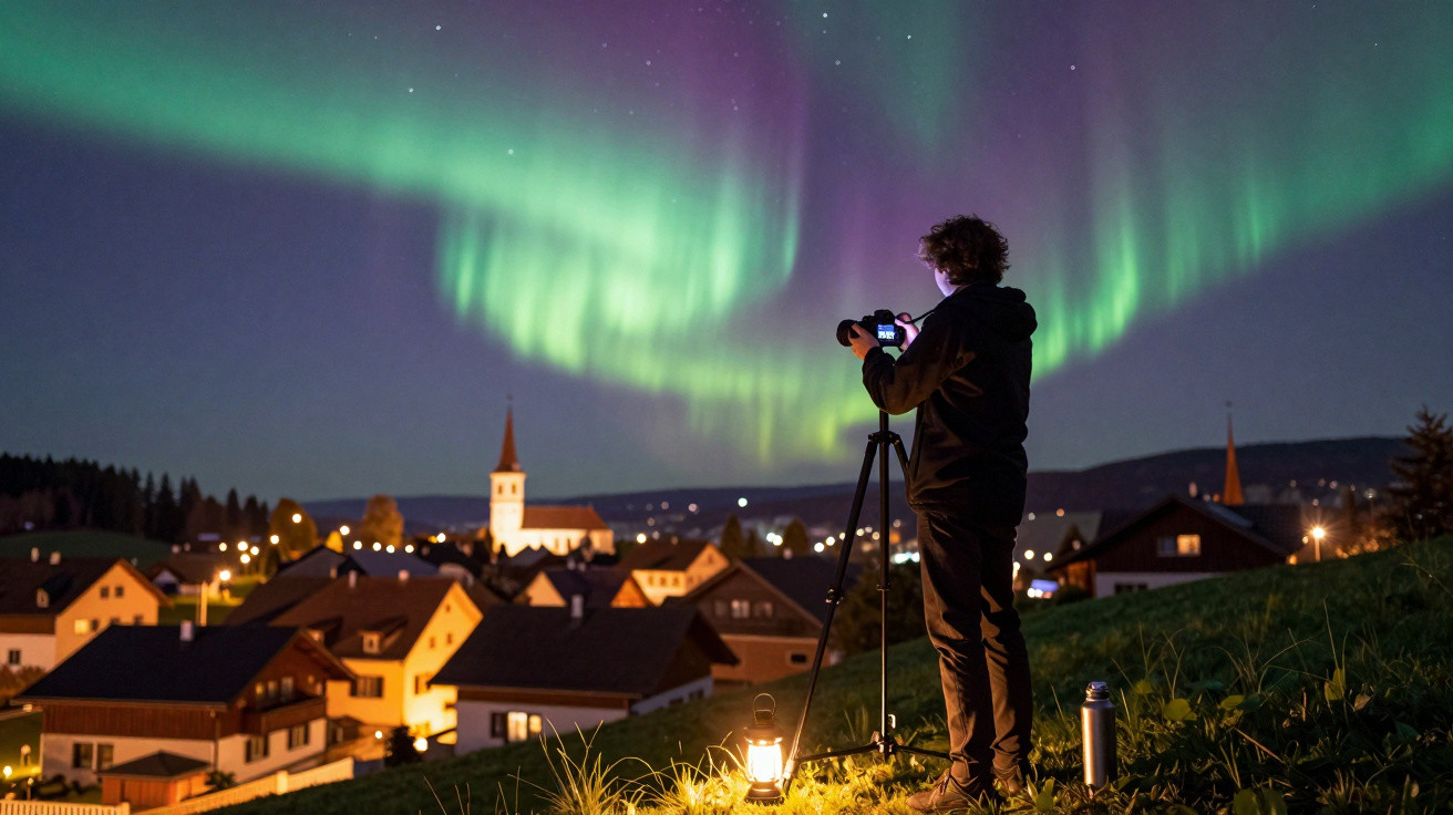 Pessoa fotografando aurora boreal sobre cidade iluminada à noite, com câmera em tripé e lanterna no chão.