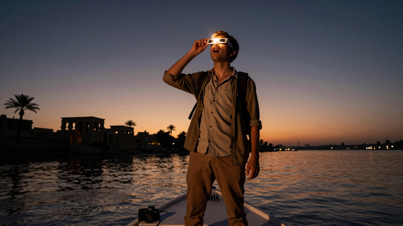 Homem de óculos 3D observa o céu ao pôr do sol enquanto está em um barco no rio.