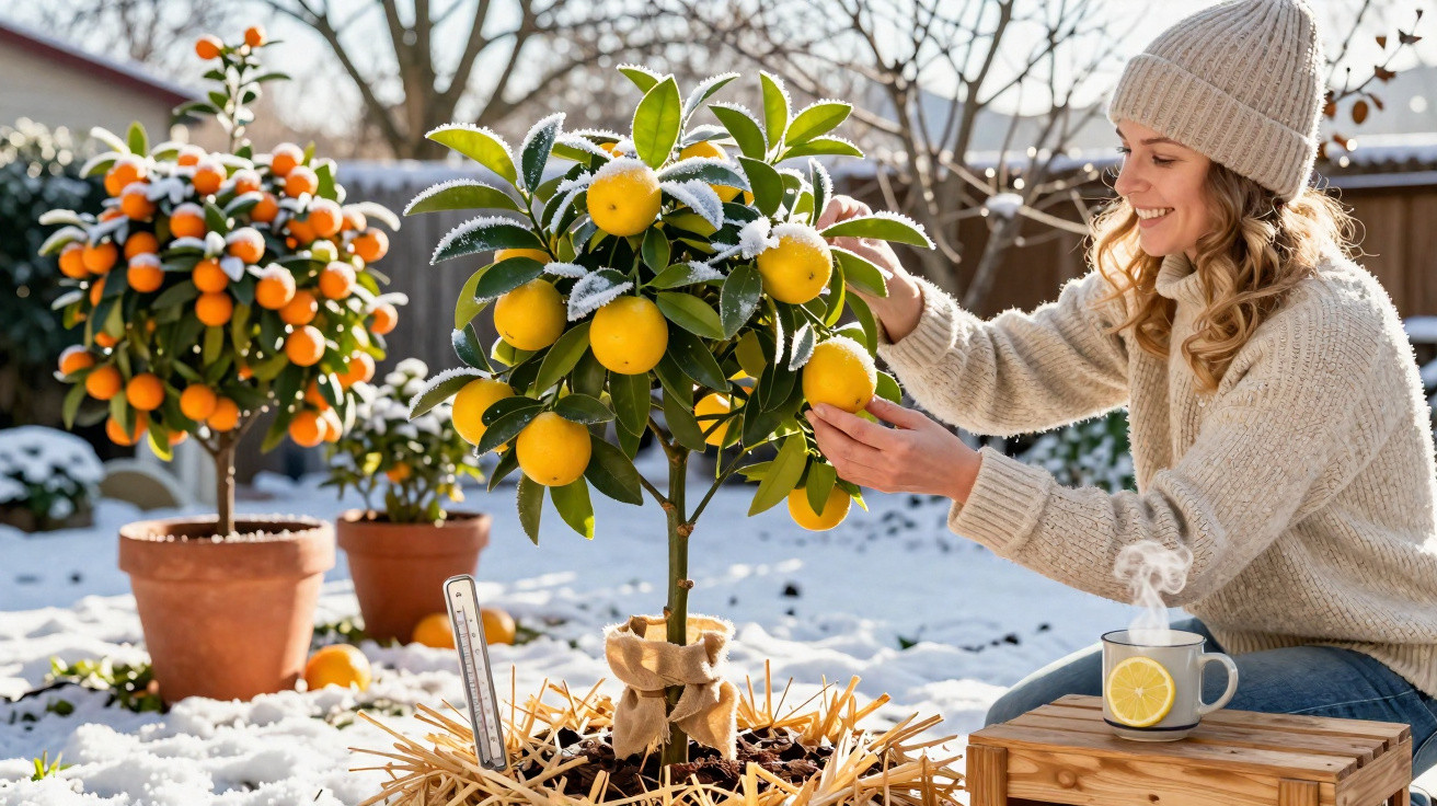 Mulher sorridente colhendo frutas cítricas em vasos na neve, com xícara de chá com limão ao lado.