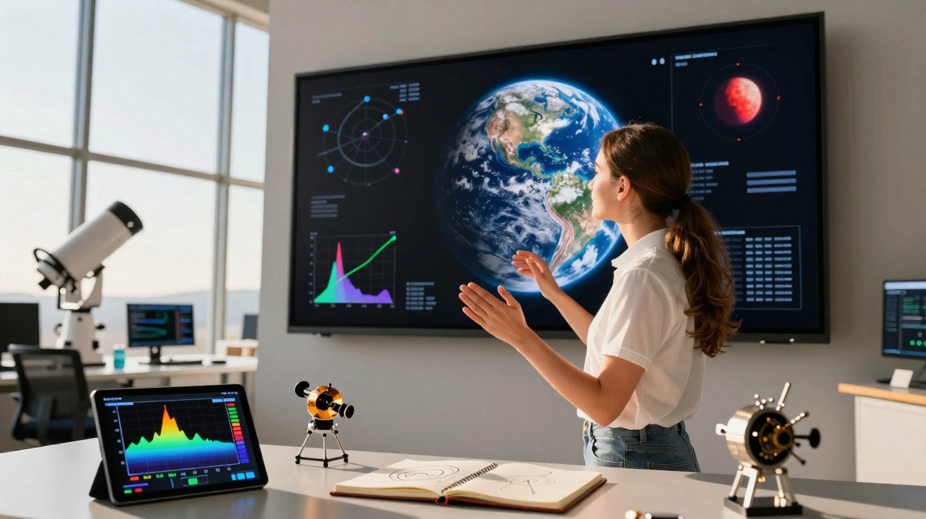 Mulher analisando dados e imagens da Terra em tela grande em sala com equipamentos científicos.