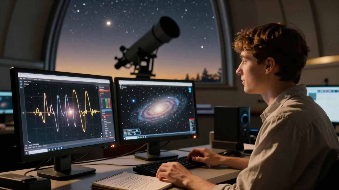 Jovem observando dados astronômicos em dois monitores com telescópio e estrelas ao fundo à noite.