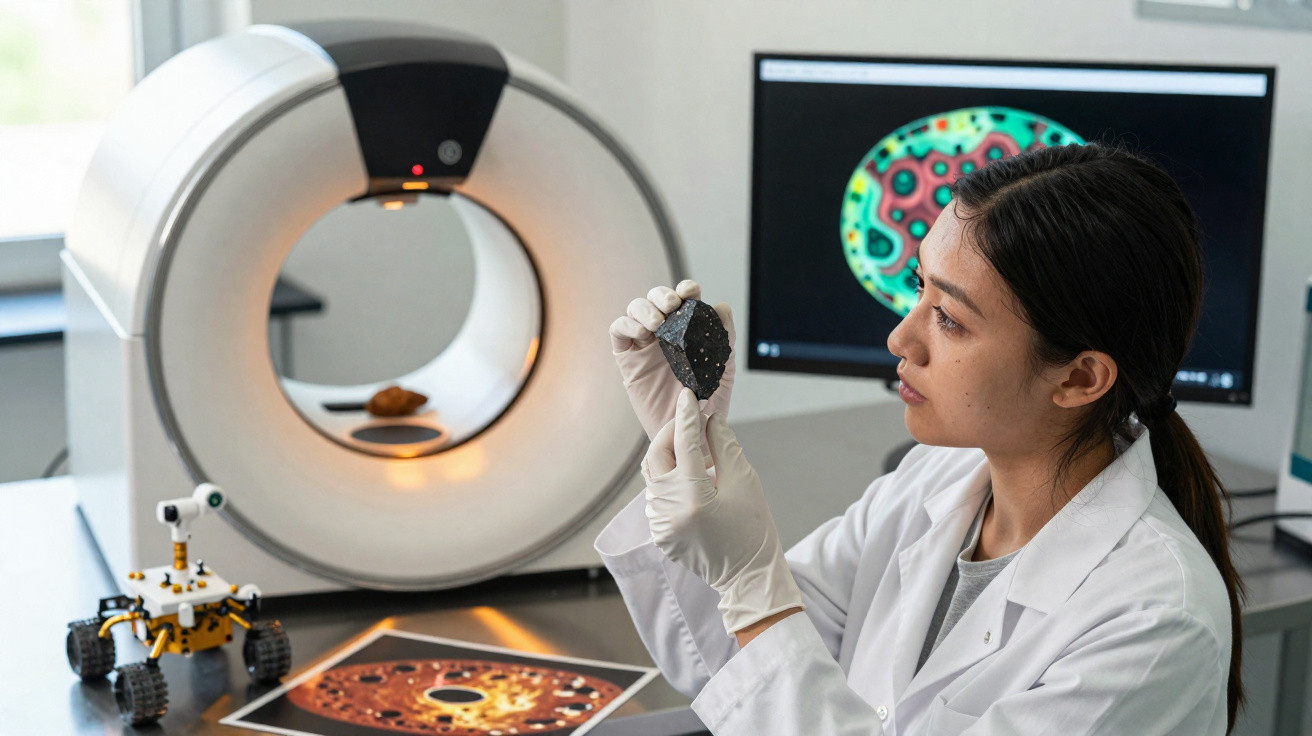 Pesquisadora em laboratório analisando amostra de rocha com tomógrafo e modelo de rover ao fundo.