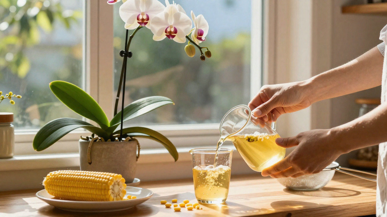 Mãos servindo chá em copo transparente ao lado de milho e orquídea em vaso próximo à janela ensolarada.